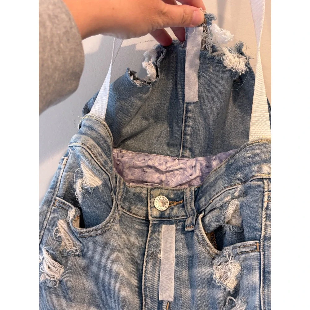 Handmade Upcycled American Eagle Denim Crossbody Bag Distressed Jean Purse Boho